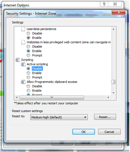 Internet Explorer turn scripting off